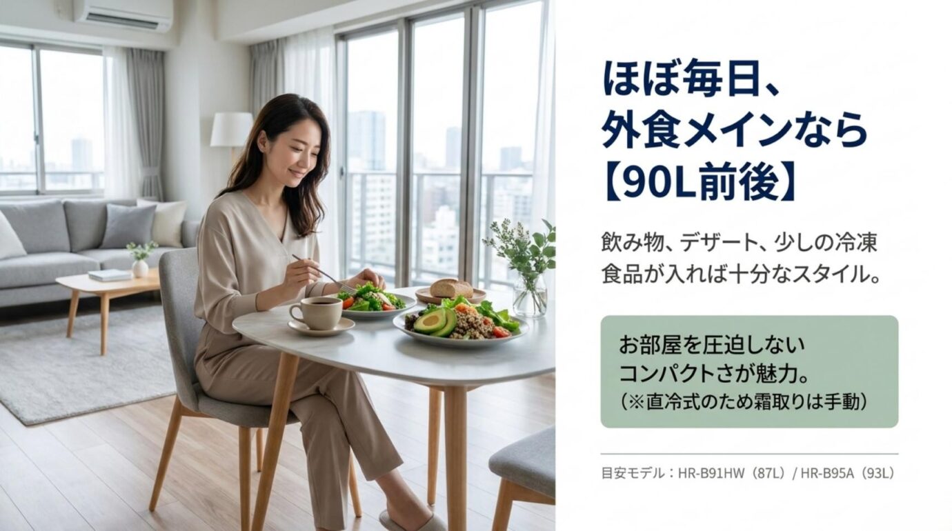 外食中心の一人暮らしならハイセンス87Lから93L前後の2ドア冷蔵庫が候補になる