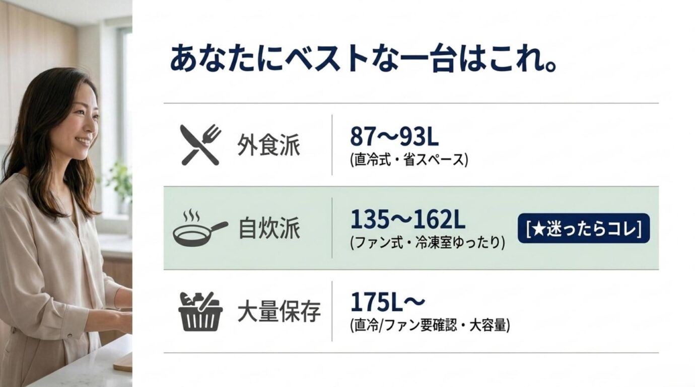 外食派は87から93L、自炊派は135から162L、大量保存は175L以上というハイセンス冷蔵庫の容量比較