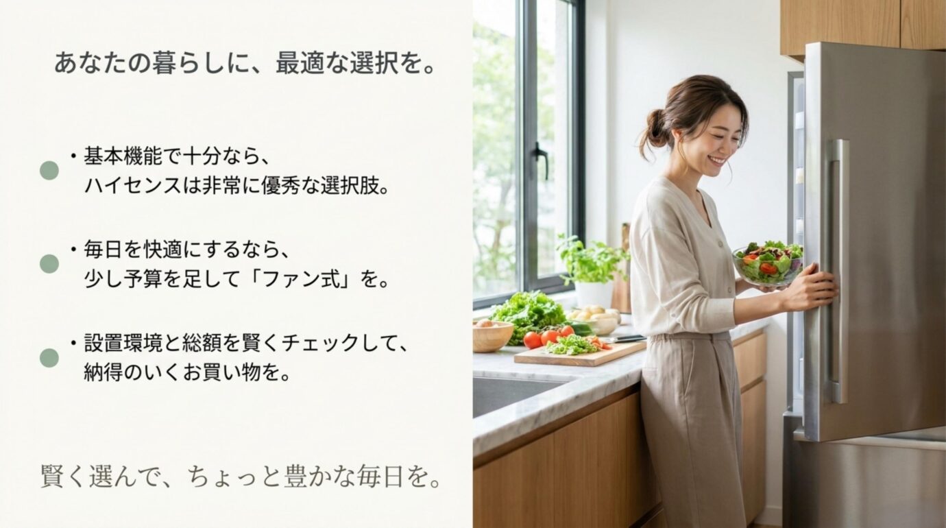 ハイセンス冷蔵庫は基本機能重視なら有力でファン式や設置環境、総額確認が重要とまとめたスライド