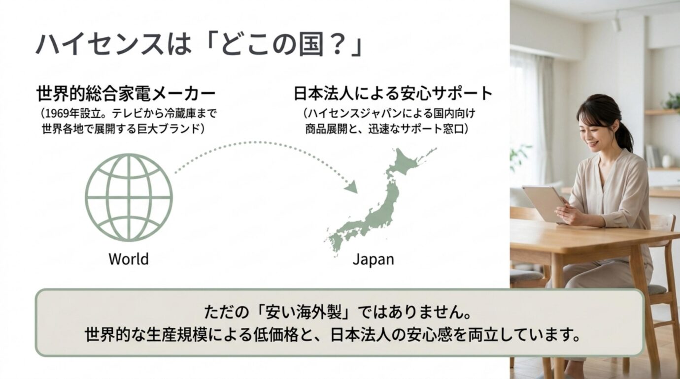 ハイセンスが中国発の世界的家電メーカーで日本法人による国内サポートがあることを説明する図