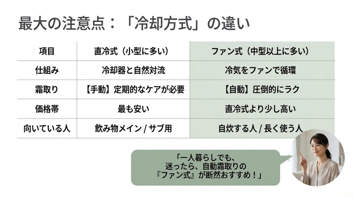 ハイセンス冷蔵庫の直冷式とファン式を仕組み・霜取り・価格・向いている人で比較した表