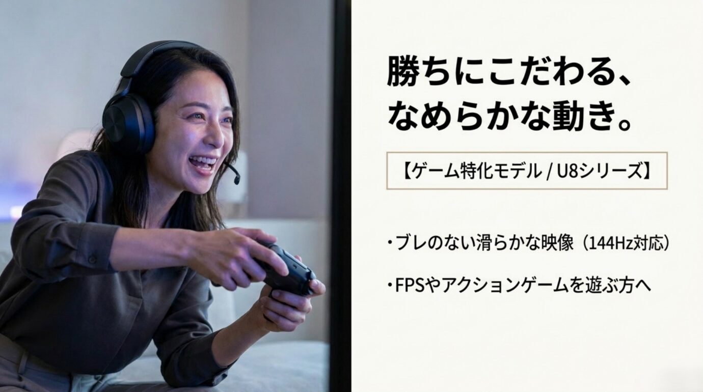 144Hz対応のハイセンステレビでFPSやアクションゲームを遊ぶイメージ