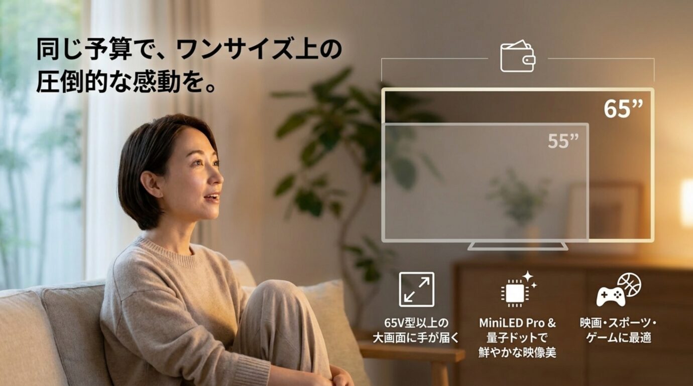 同じ予算で55インチより65インチの大画面を選びやすいハイセンステレビの魅力