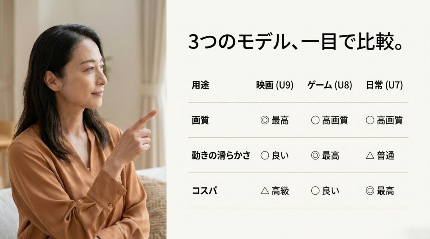 映画ゲーム日常視聴の用途別にハイセンステレビ3モデルを比較した一覧