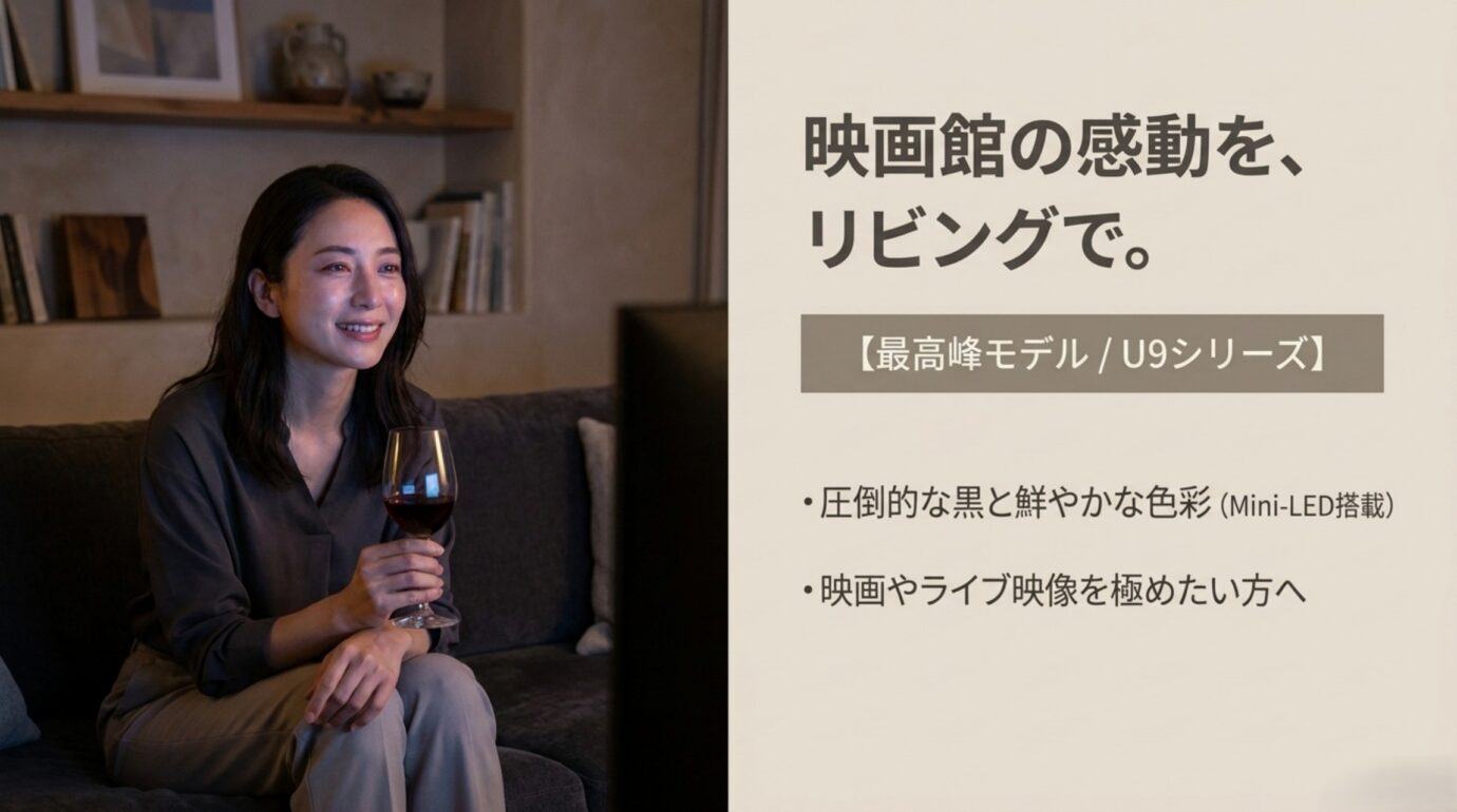 Mini LED搭載の上位ハイセンステレビで映画やライブ映像を楽しむイメージ