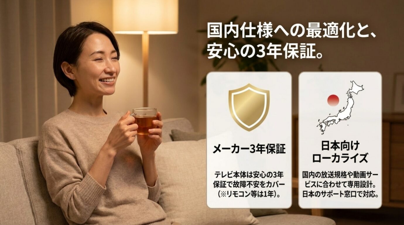 ハイセンステレビのメーカー3年保証と日本向けローカライズを示すスライド