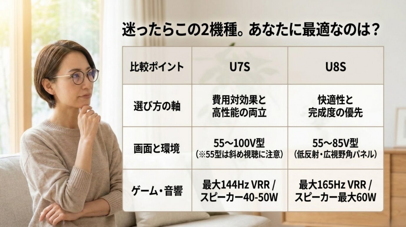ハイセンスU7SとU8Sの費用対効果、画面サイズ、視野角、ゲーム性能、音響の比較