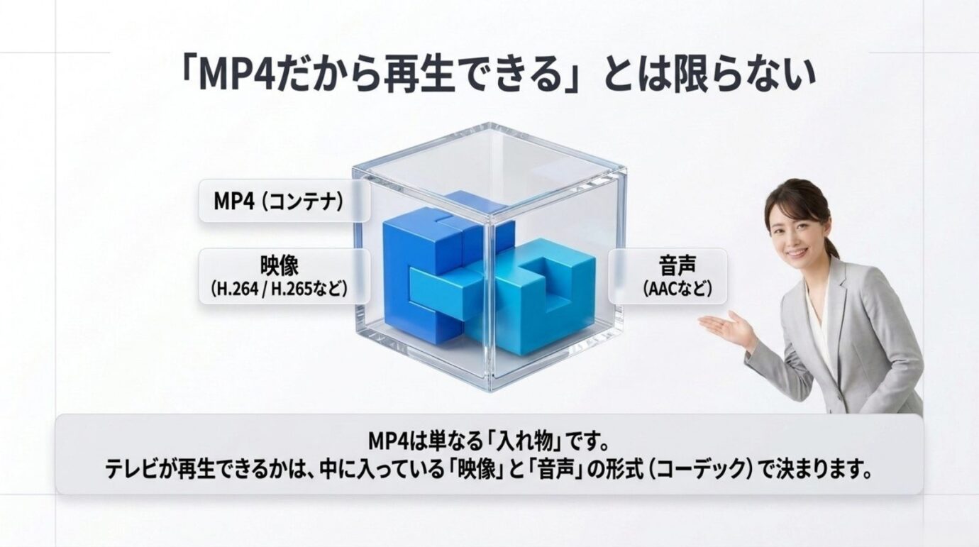 ブラビアでMP4を再生できない理由 MP4コンテナとH.264やH.265などの映像コーデック、AACなどの音声コーデックを示す図