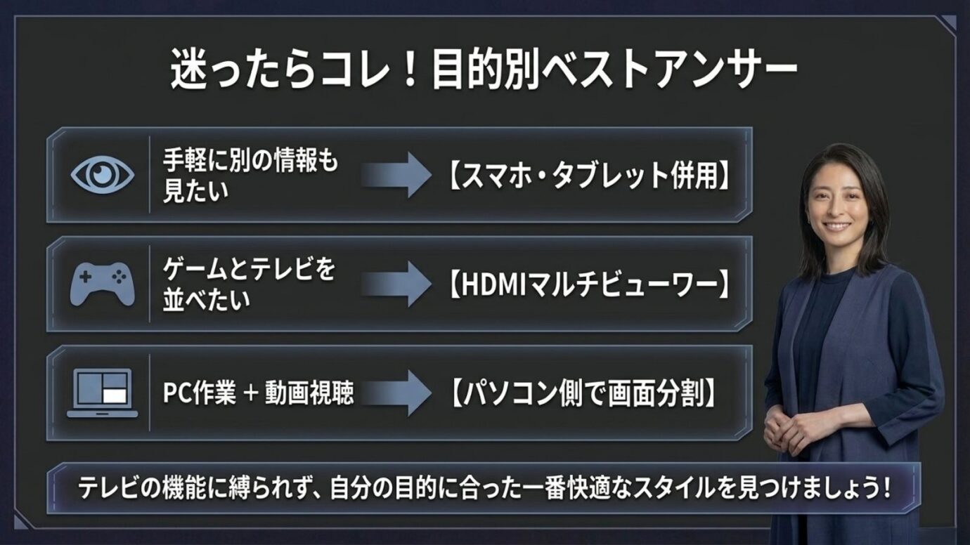 ブラビアの2画面代替方法をスマホやタブレット、HDMIマルチビューワー、パソコンから目的別に選ぶスライド