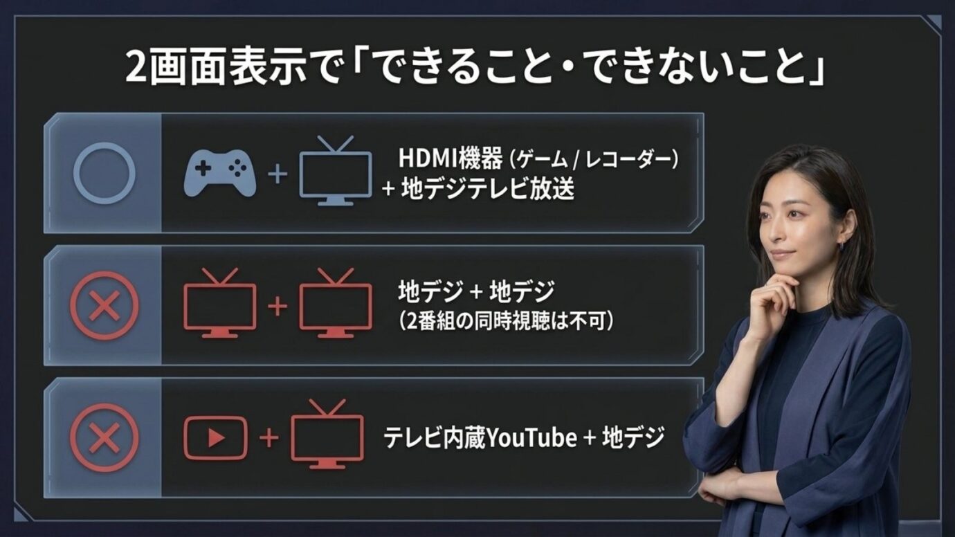 ブラビアの2画面表示でできることとできないことを整理したスライド
