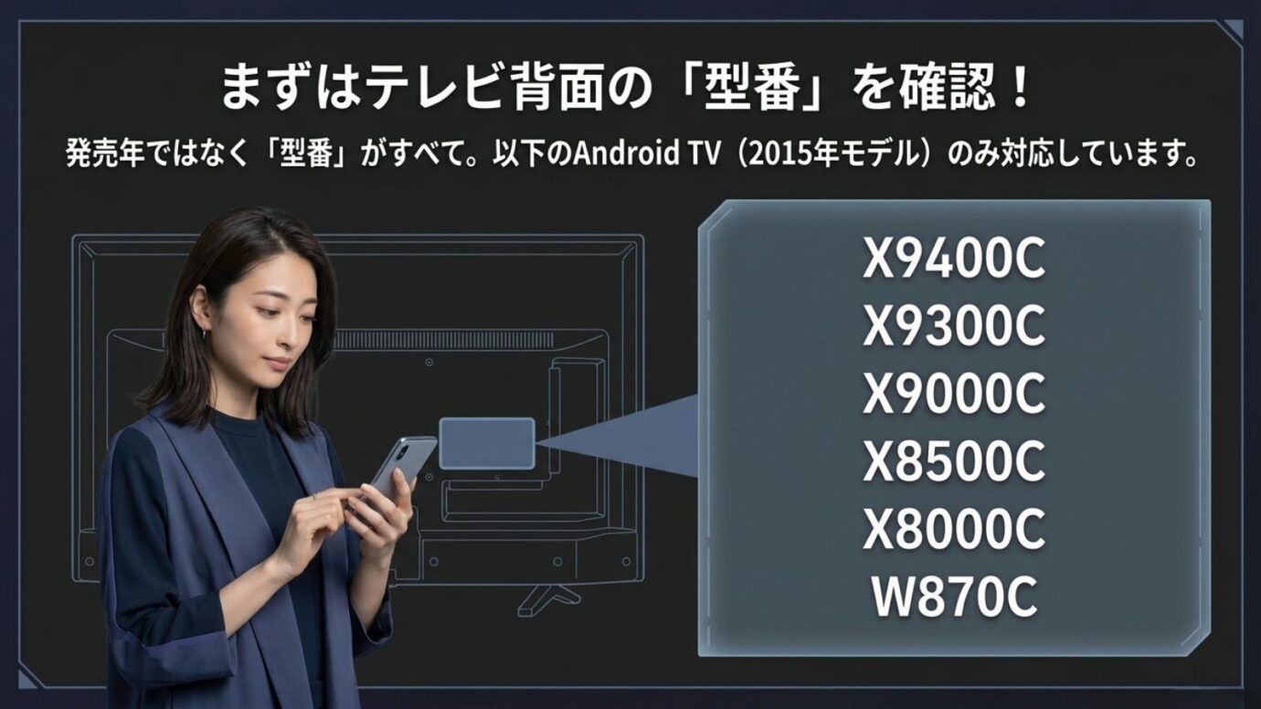 ブラビアの2画面表示に対応するX9400CやX9300Cなどの代表的な型番を一覧で示したスライド