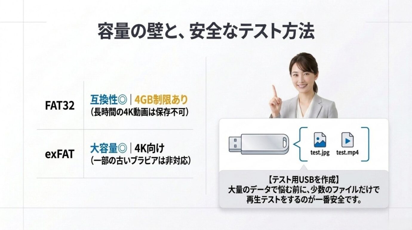 ブラビアUSBのFAT32とexFAT比較 FAT32の4GB制限とexFATの大容量動画向け特性、テスト用USBの作り方を示す図