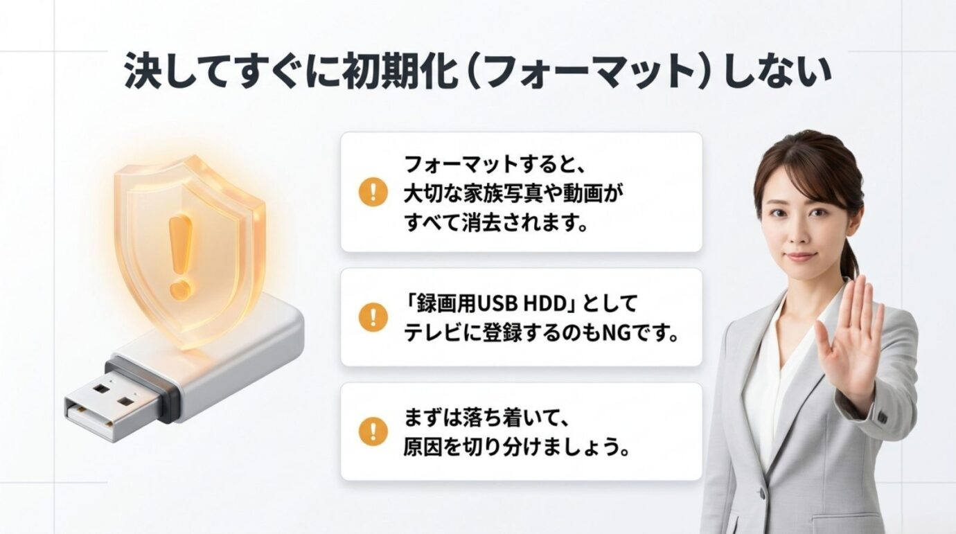 ブラビアのUSBメモリを初期化する前の注意点 ブラビアでUSBメモリを認識しない時にすぐ初期化しないよう注意する図解