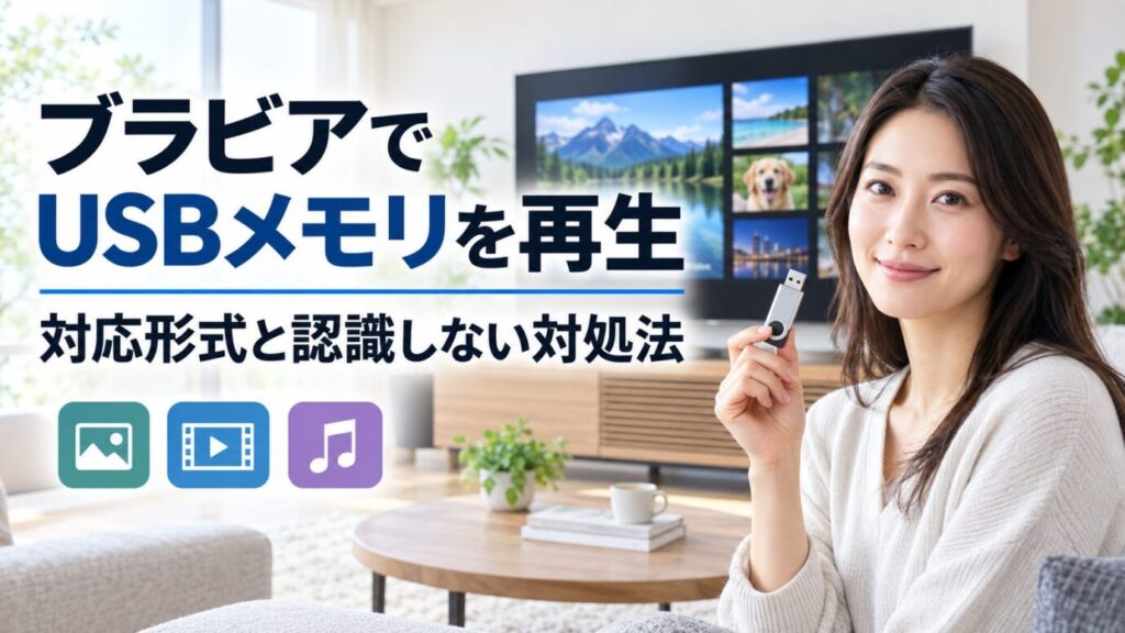 ブラビアでUSBメモリを再生する方法と対応形式、認識しない場合の対処法を紹介するアイキャッチ画像