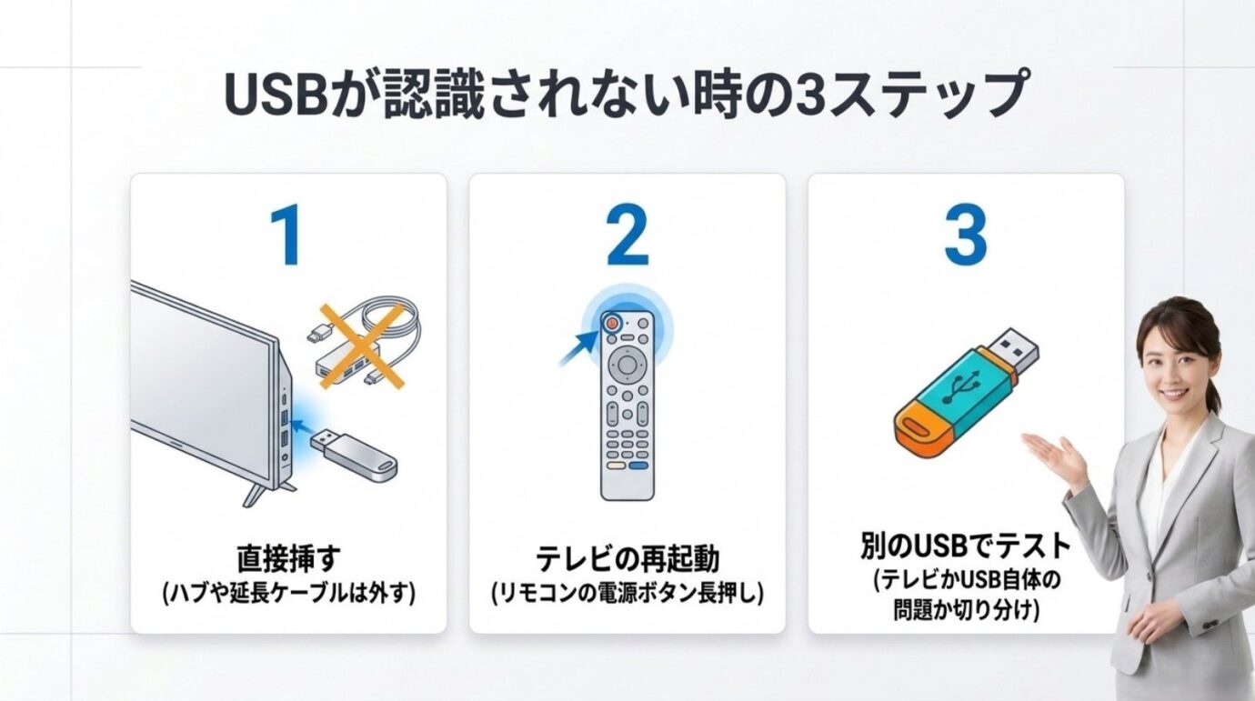 ブラビアがUSBを認識しない時の3ステップ USBを直接挿す、ブラビアを再起動する、別のUSBで試す3ステップ