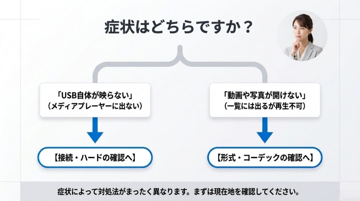 ブラビアUSB再生トラブルの切り分け USB自体を認識しない場合と写真や動画を再生できない場合の切り分け図