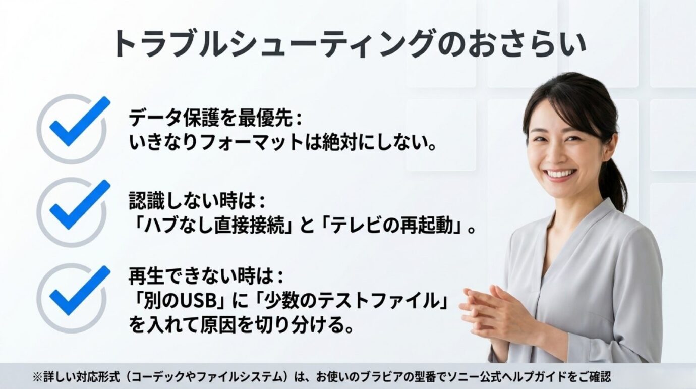 ブラビアUSBトラブル対処のおさらい ブラビアUSB再生でデータ保護、直接接続と再起動、別USBでのテストをまとめた図