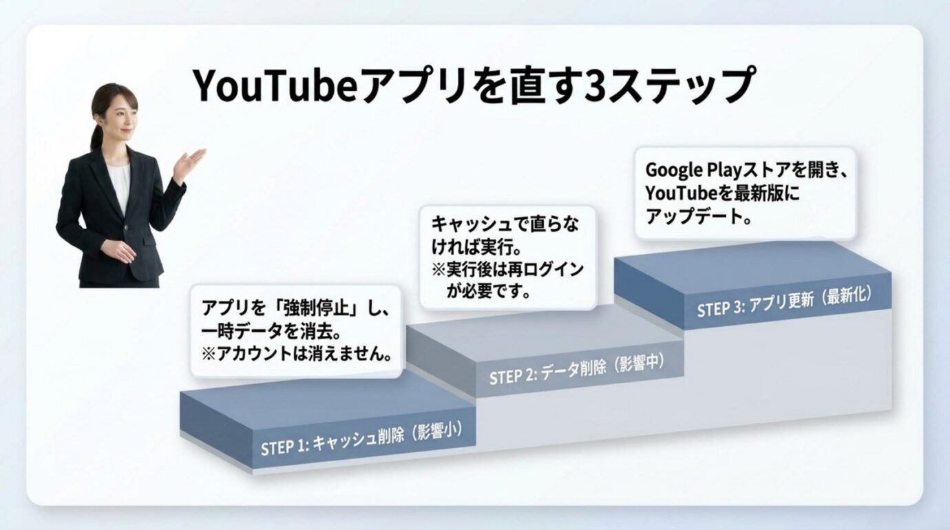 ブラビアのYouTubeアプリをキャッシュ削除、データ削除、アプリ更新の順で直す図