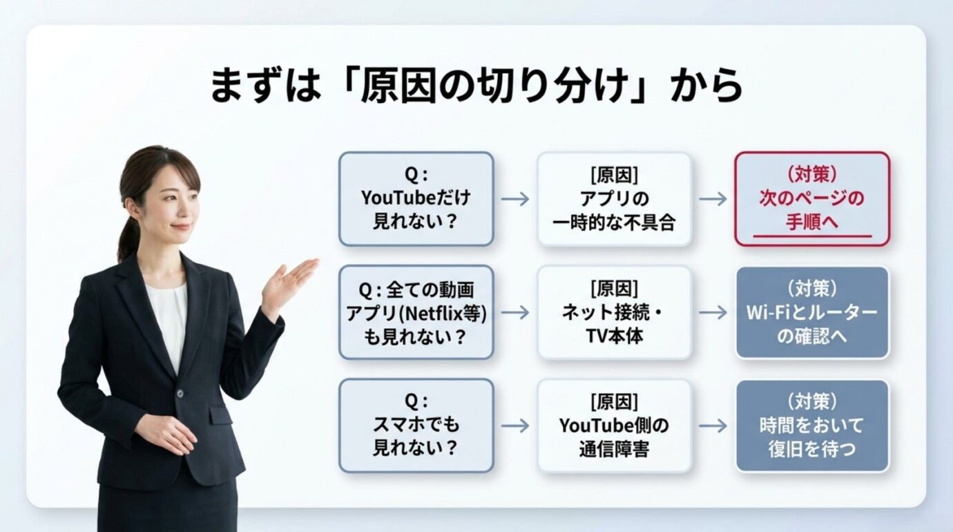 ブラビアでYouTubeが見れない原因をYouTubeだけ、全動画アプリ、スマホでも見れない場合に分けて確認する図
