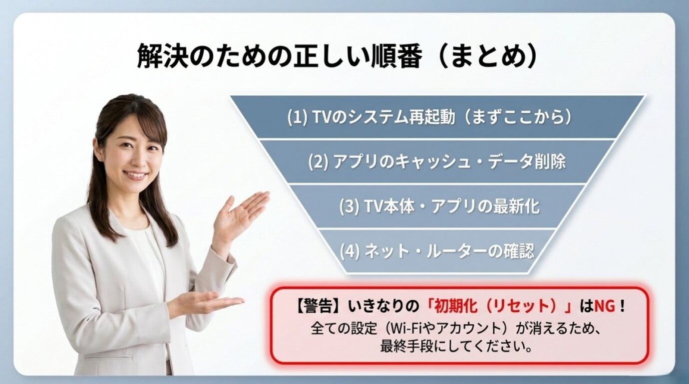 ブラビアのYouTube不調を再起動、キャッシュとデータ削除、更新、ネット確認の順で直すまとめ図