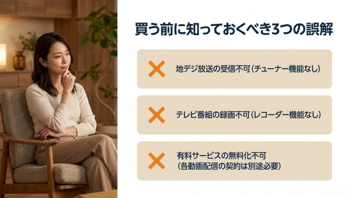Fire TV Stickでできない3つのこと Fire TV Stickでは地デジ受信・テレビ録画・有料サービス無料化はできないと示す図