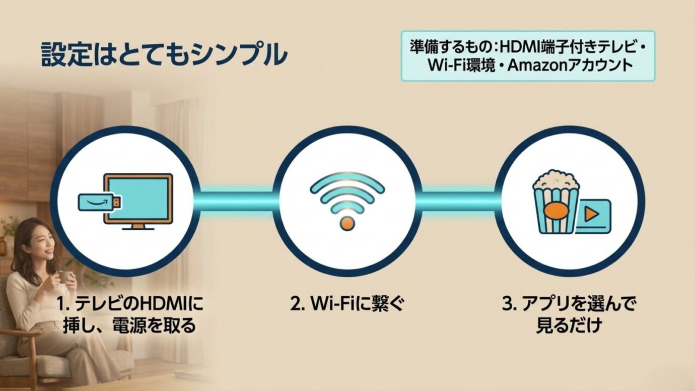 Fire TV Stickの基本設定3ステップ Fire TV StickをHDMI接続しWi-Fiにつないでアプリを見る3ステップ