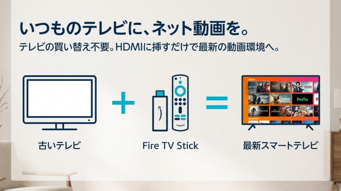 Fire TV Stickで古いテレビをスマートテレビ化 古いテレビにFire TV Stickを接続してネット動画対応にするイメージ