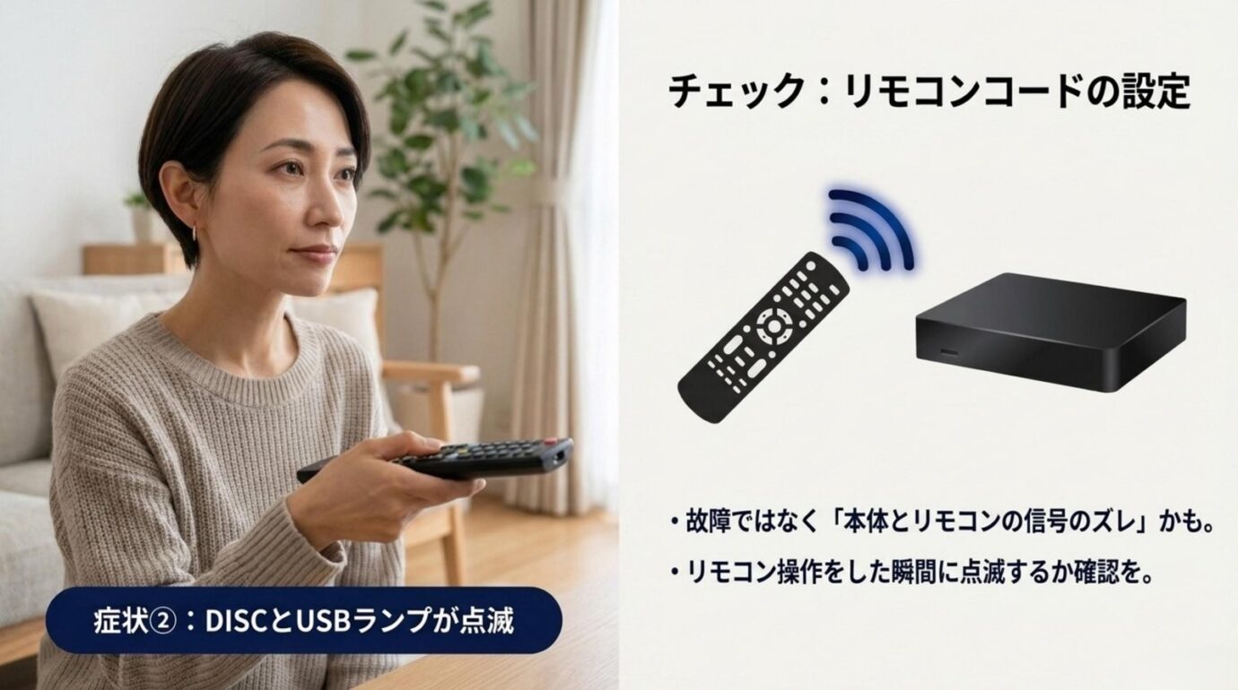 REGZAのDISCとUSB点滅時のリモコン確認 REGZAレコーダーでDISCとUSBランプが点滅するときにリモコンコードを確認するスライド