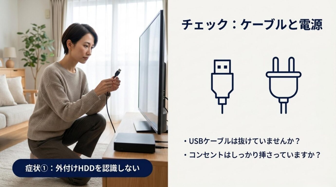 REGZA外付けHDDのケーブルと電源確認 REGZAレコーダーが外付けHDDを認識しないときにUSBケーブルと電源を確認するスライド