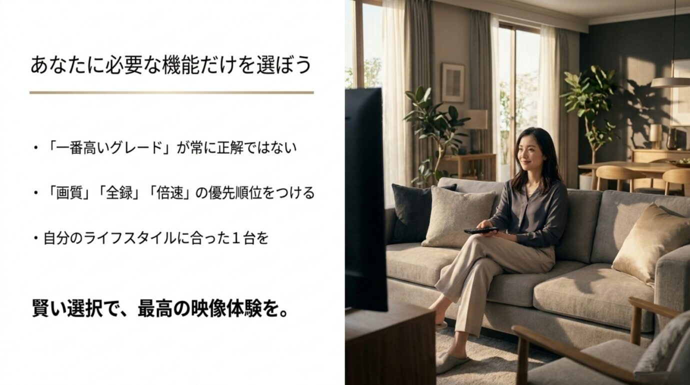 画質、全録、倍速の優先順位から必要なREGZAを選ぶまとめ図