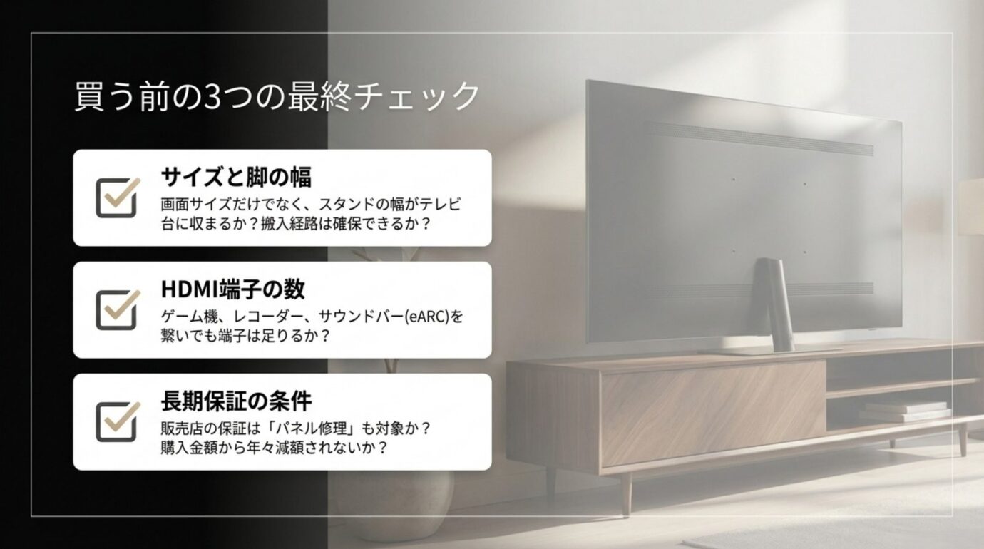 テレビサイズと脚の幅、HDMI端子数、長期保証条件を確認する図
