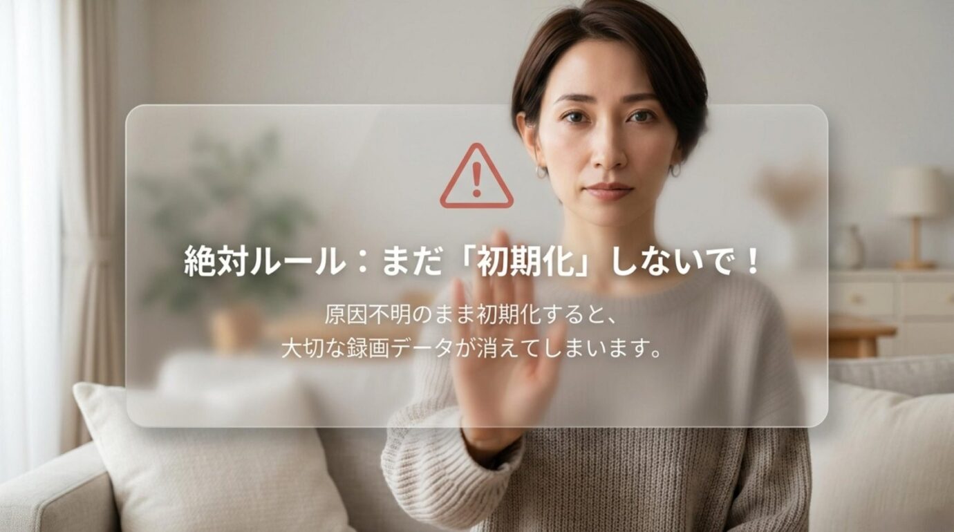 REGZAレコーダーで初期化を急がない REGZAレコーダー故障時に録画データを守るため初期化を急がないよう注意するスライド