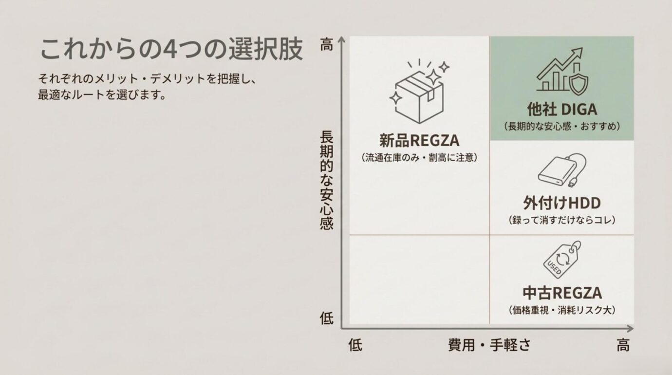 新品REGZA・DIGA・外付けHDD・中古REGZAの4つの選択肢を比較した図