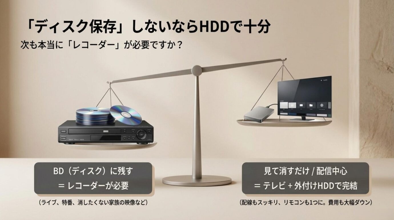 ディスク保存の有無でブルーレイレコーダーと外付けHDDを選ぶ比較スライド