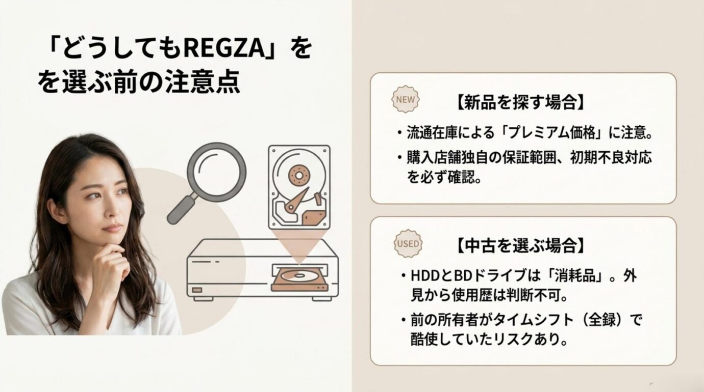 新品REGZAの在庫価格と中古REGZAのHDDやBDドライブのリスクを説明するスライド