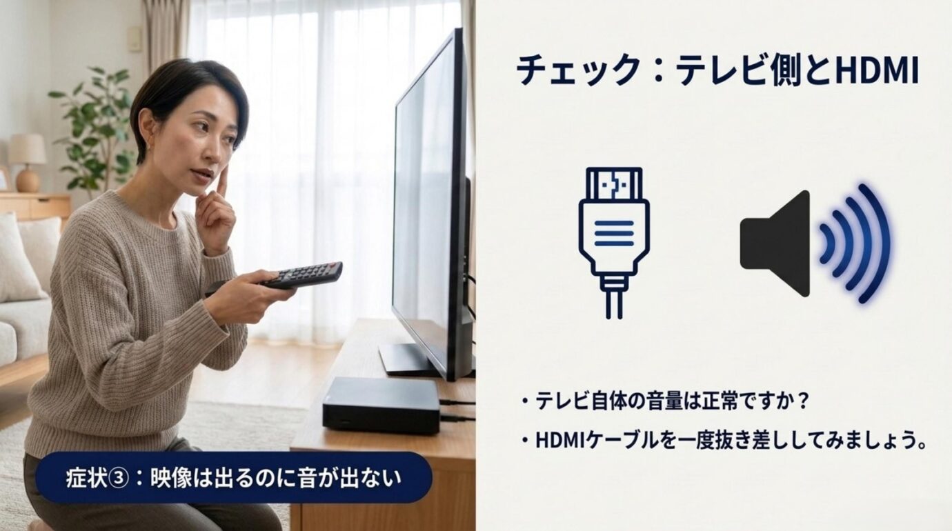 REGZAレコーダーで音が出ないときの確認 REGZAブルーレイレコーダーで映像は出るのに音が出ないときにテレビ側とHDMIを確認するスライド
