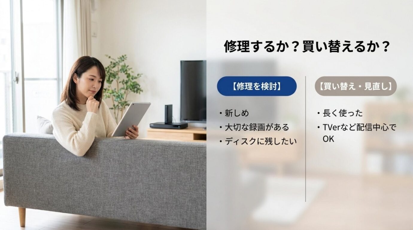 REGZAレコーダーの修理か買い替えか REGZAレコーダー故障時に修理を検討する条件と買い替えを検討する条件を比較するスライド