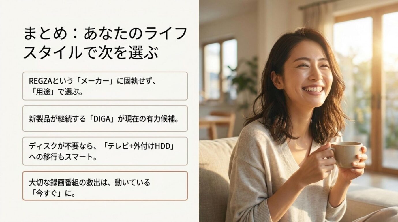 REGZAに固執せずDIGAや外付けHDDを用途で選ぶ結論をまとめたスライド