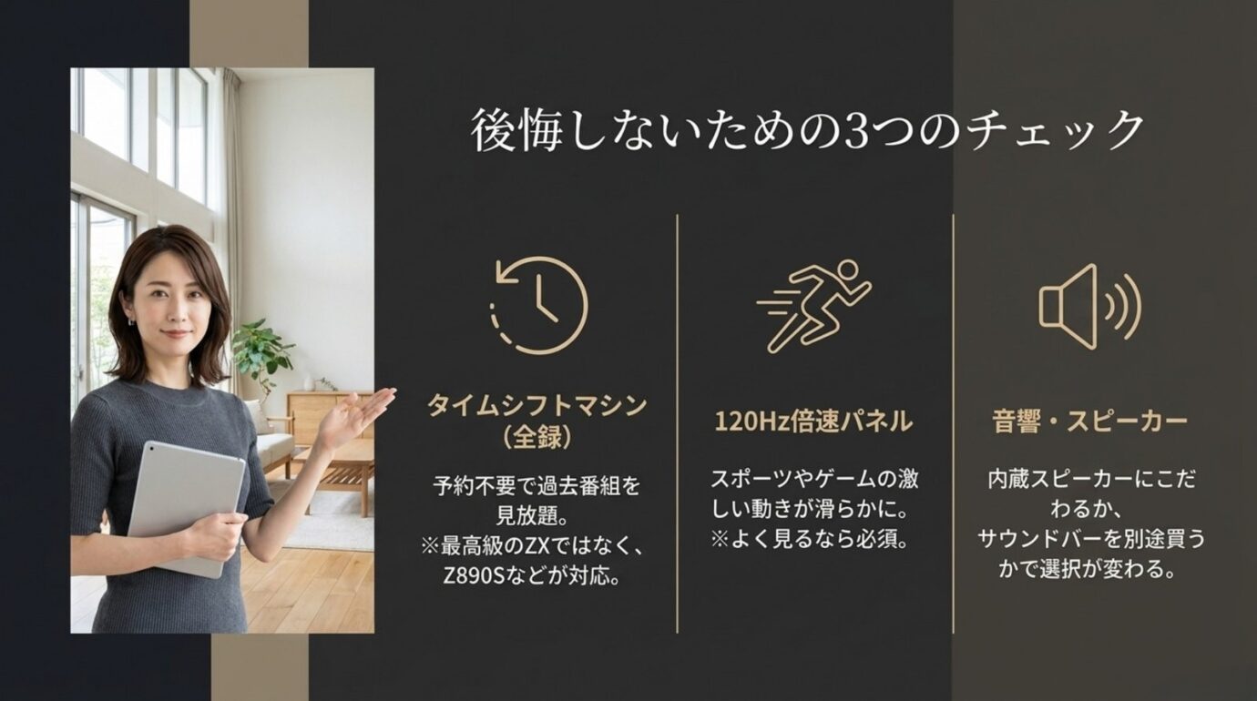 タイムシフトマシン、120Hz倍速パネル、音響とスピーカーの3項目を示した図