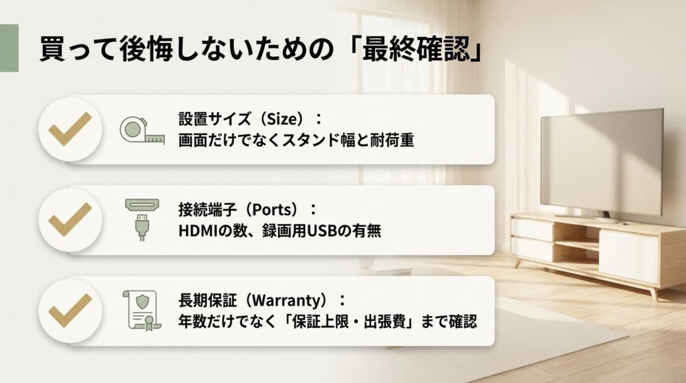 REGZAテレビ購入前の最終チェック REGZAテレビ購入前に設置サイズ・接続端子・長期保証を確認するチェックリスト