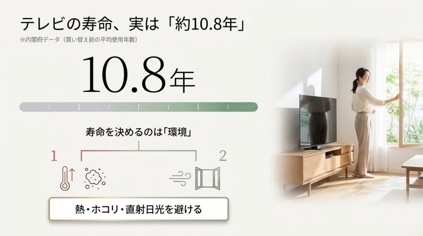 テレビの平均使用年数10.8年と設置環境や耐久性の考え方を示した図