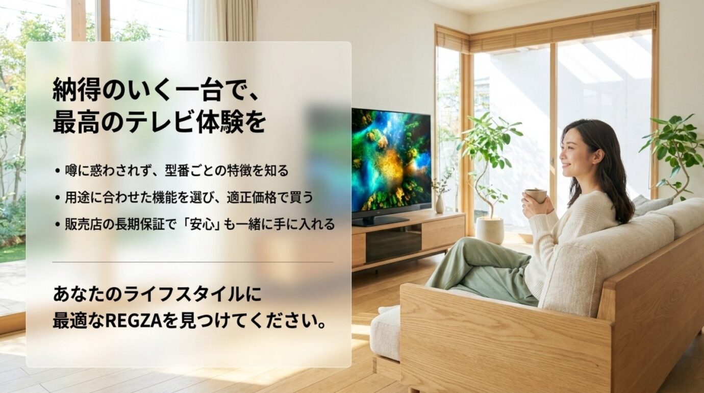 REGZAテレビ選びのまとめ REGZAの評判に惑わされず用途と型番、保証で選ぶポイントをまとめたスライド