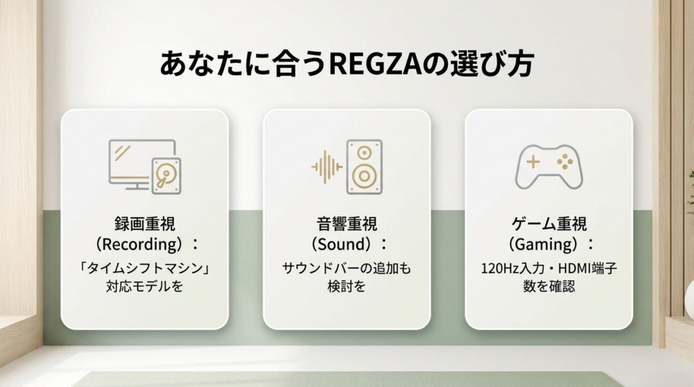 用途別REGZAテレビの選び方 録画・音響・ゲームの用途別にREGZAテレビを選ぶポイントを示したスライド
