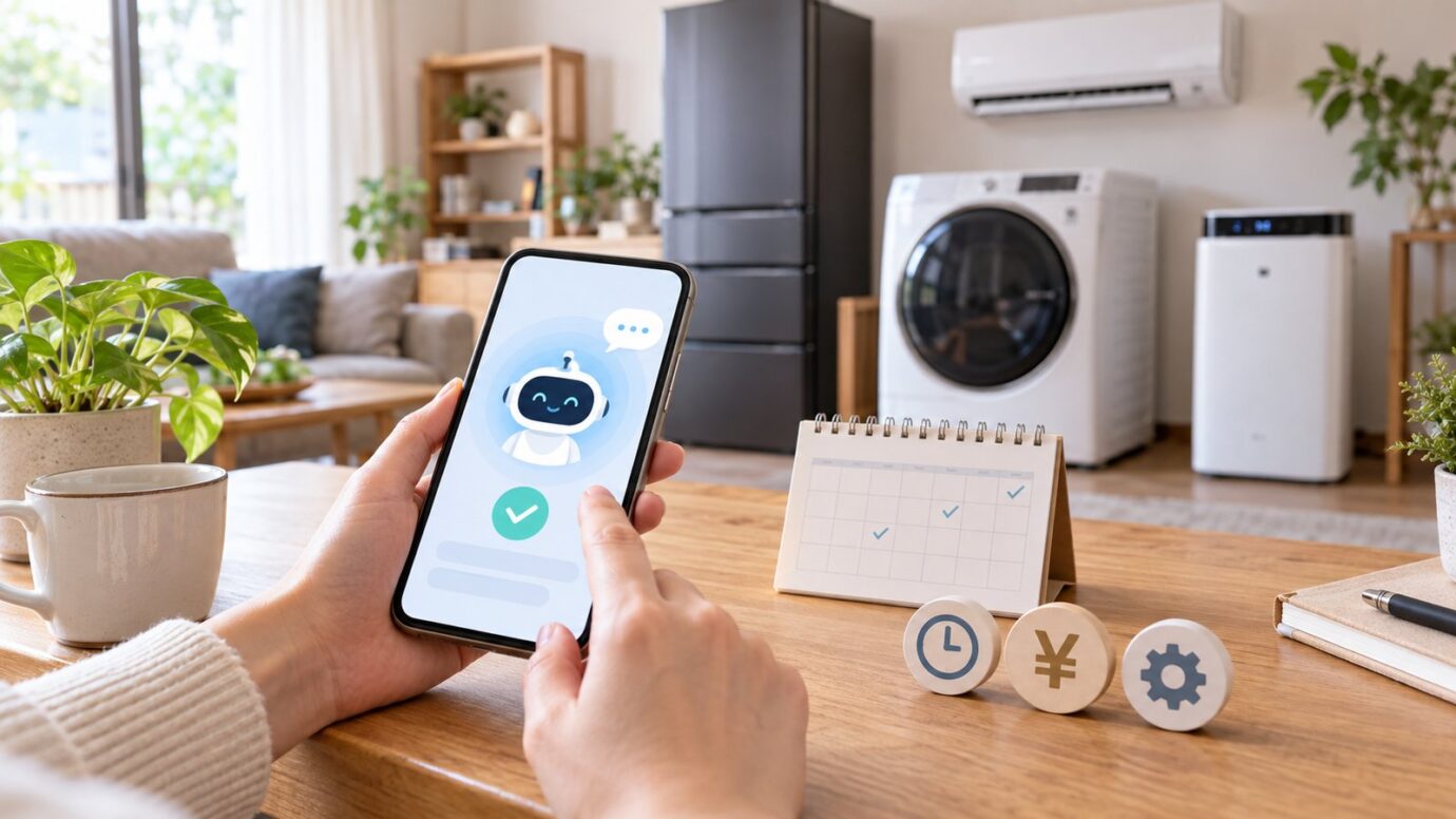 スマートフォンのAIアシスタントを使い、予定や家電の相談を試すイメージ