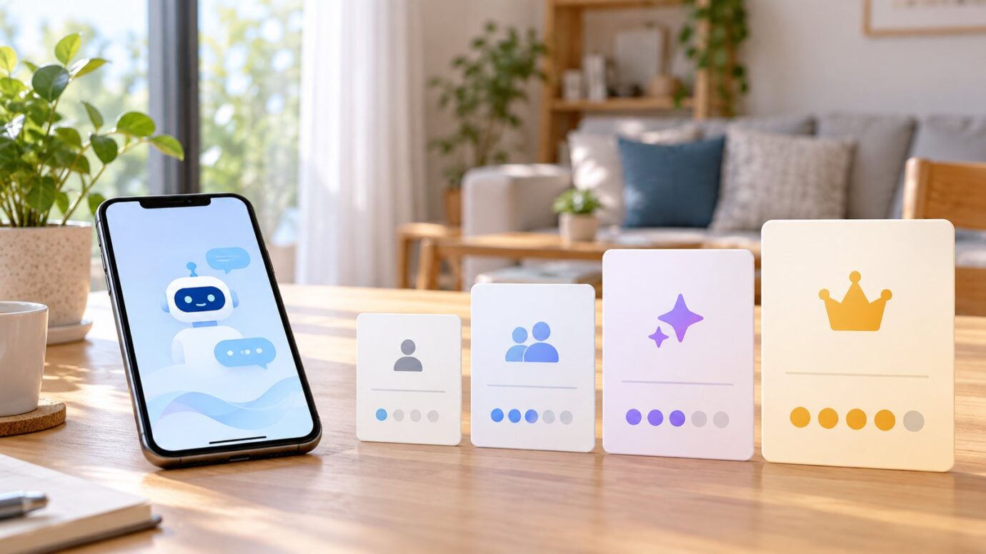 スマートフォンのAIアシスタントと4段階の料金プランを比較するイメージ