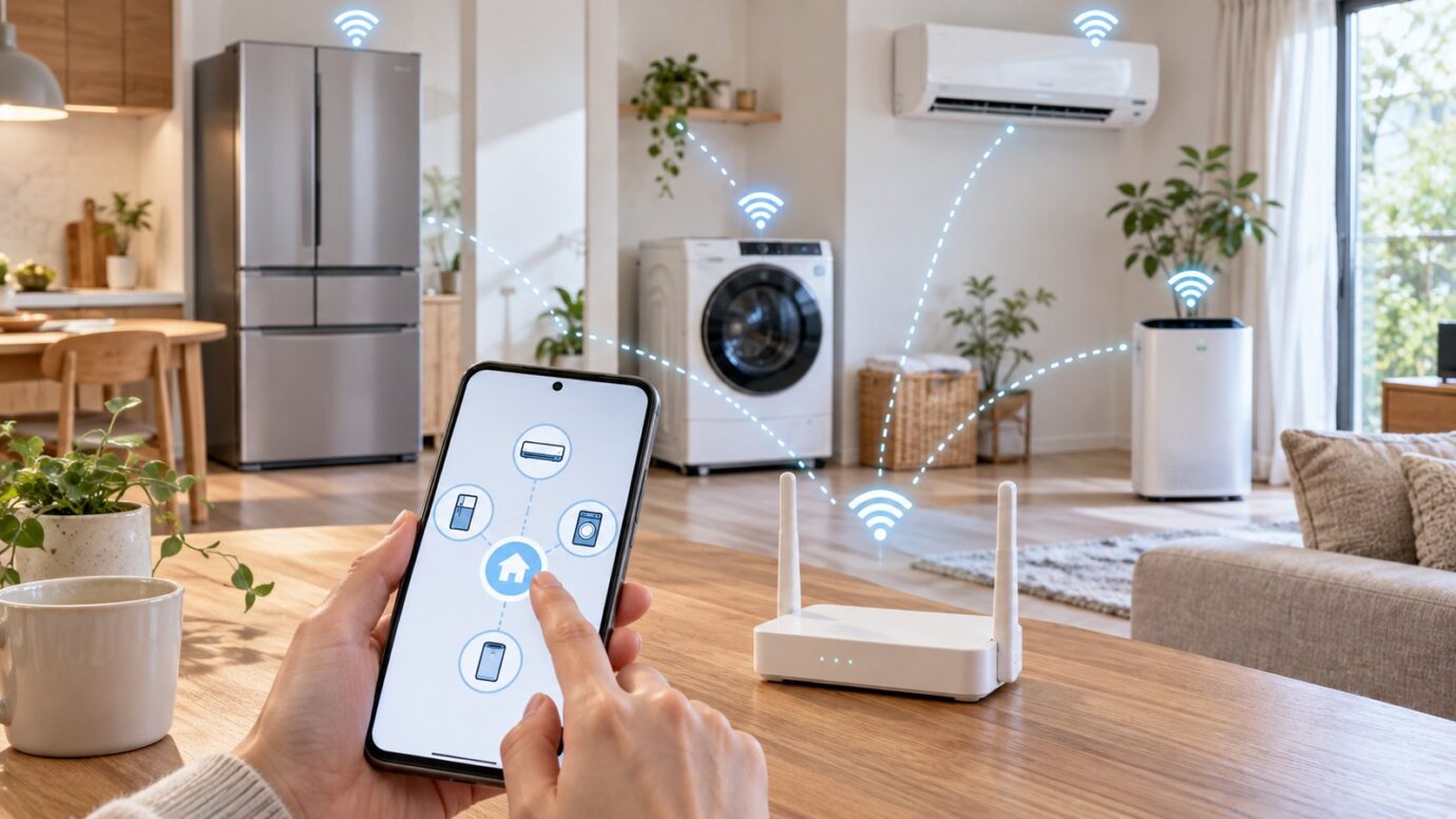スマートフォンとWi-Fiルーターを使って冷蔵庫や洗濯機、エアコンなどを接続するイメージ