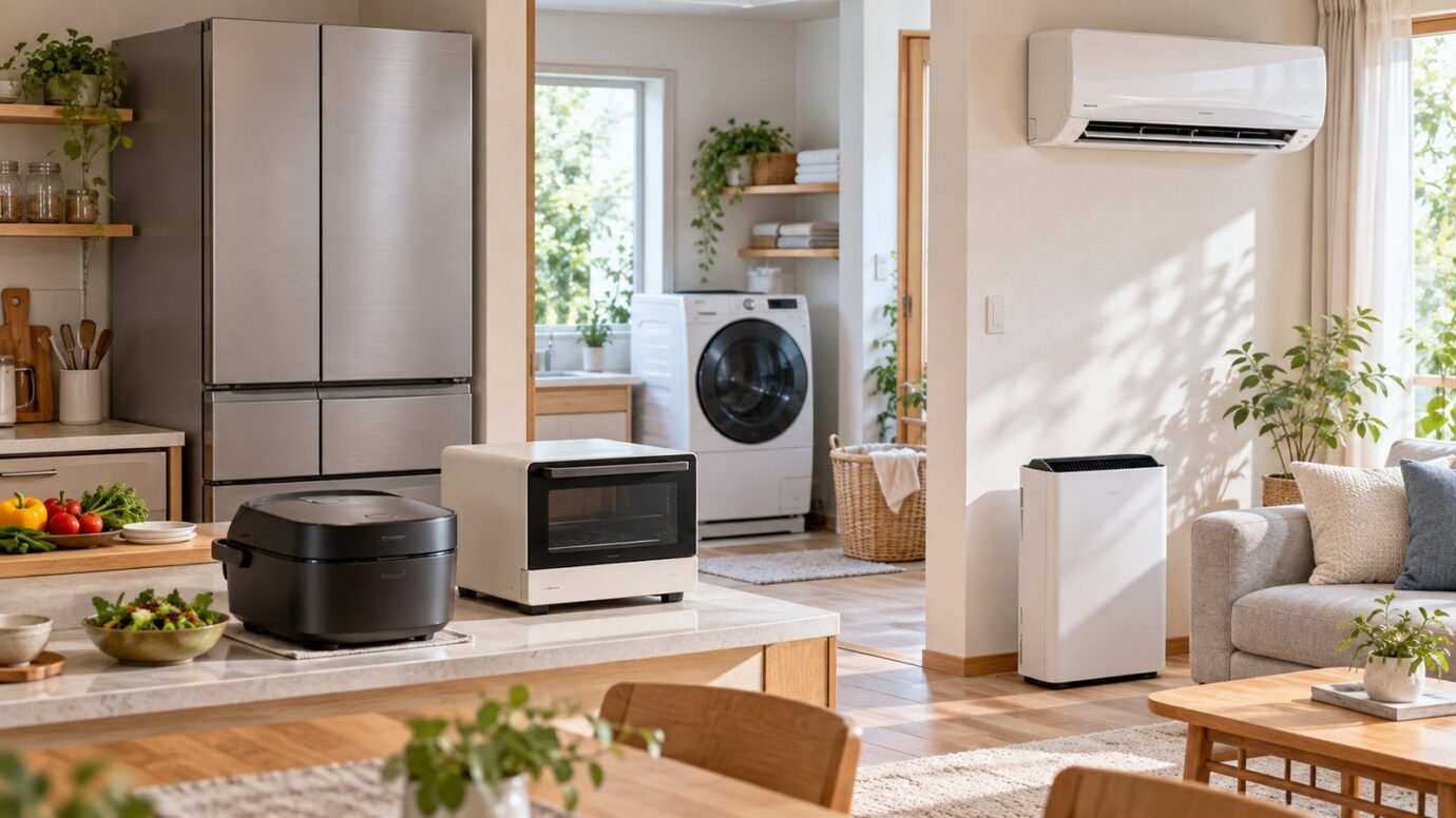 冷蔵庫、洗濯機、エアコン、空気清浄機、調理家電が並ぶNIAH対応家電のイメージ