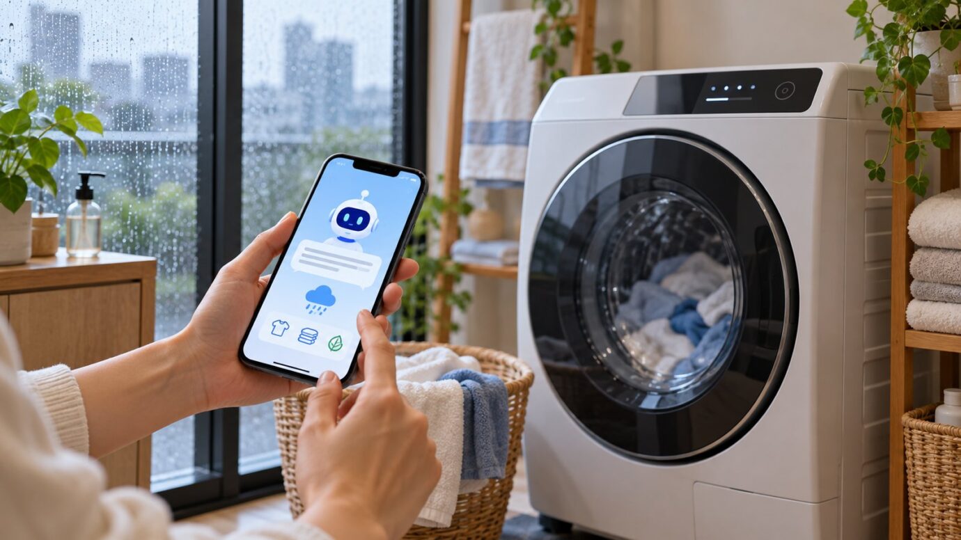 雨の日にスマートフォンでAIへ相談しながら洗濯機を使うイメージ