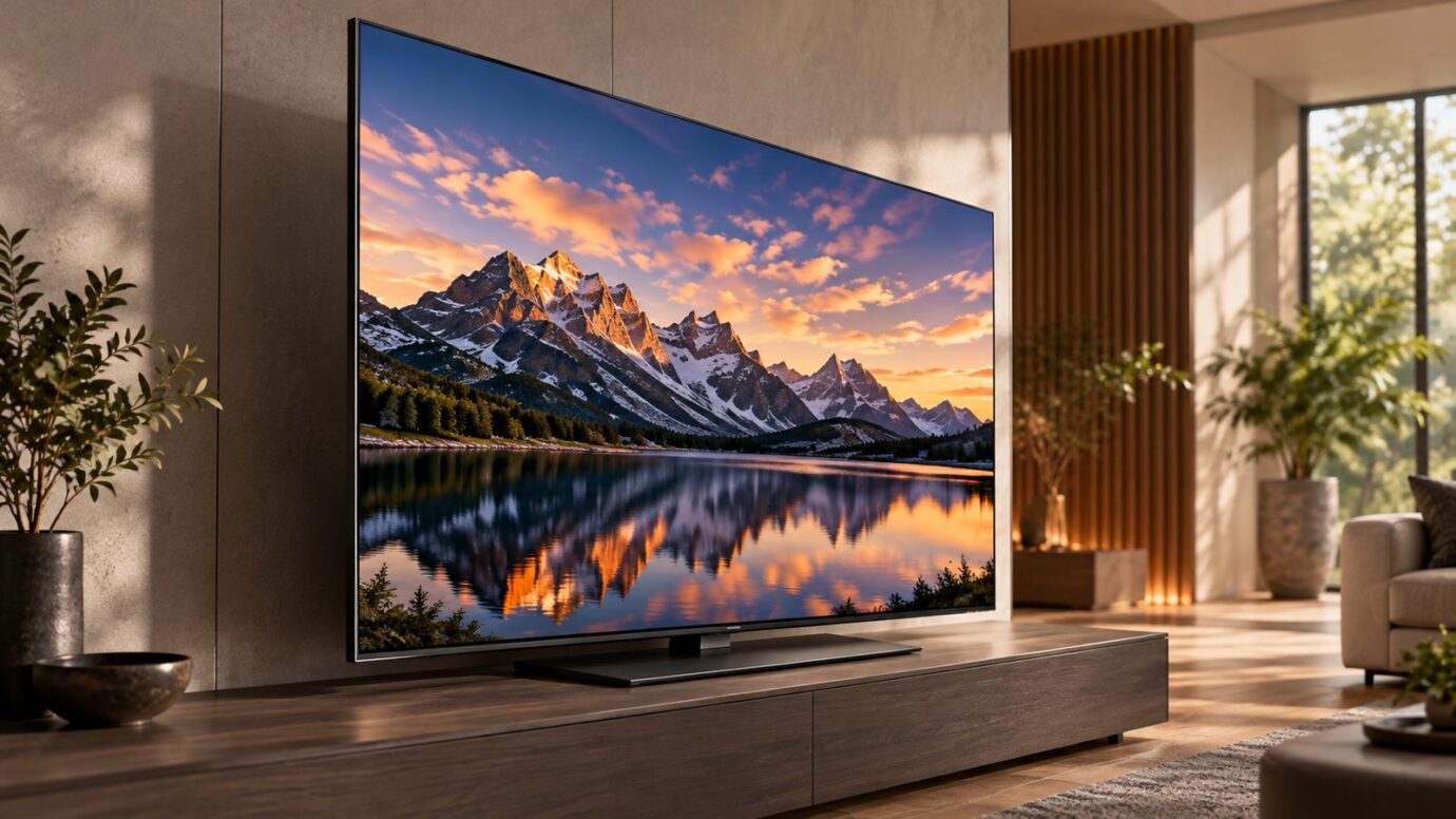 暗めのリビングで夕景を表示する有機ELテレビのイメージ
