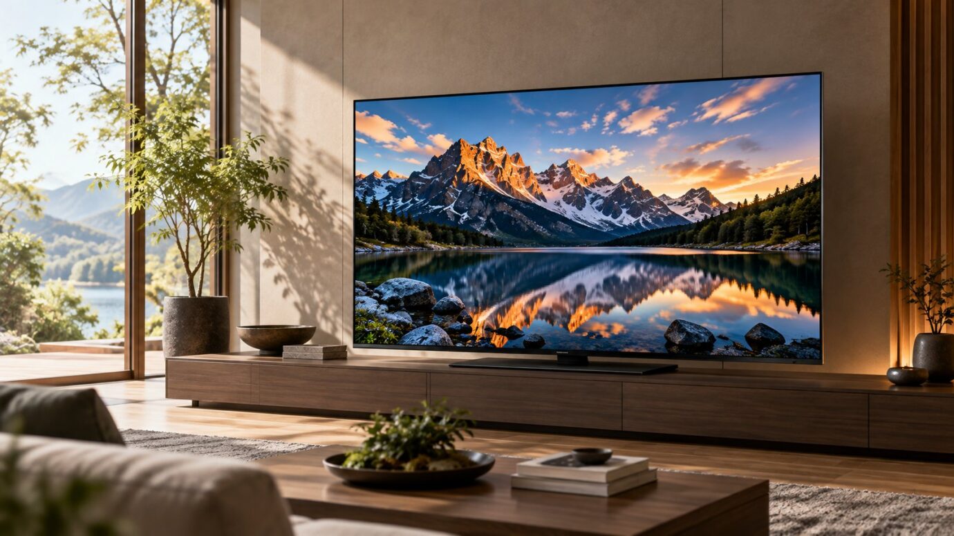 自然光の入る明るいリビングで有機ELテレビを見るイメージ